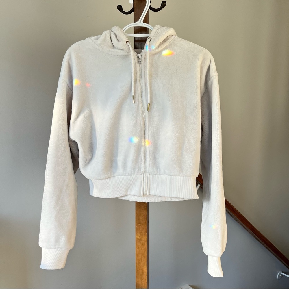 Fuzzy White Cropped Full Zip Hooded Sweater